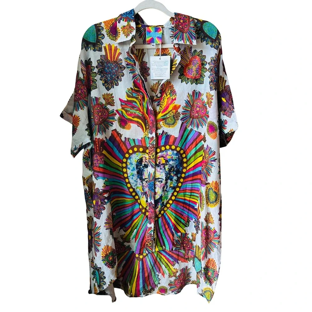 Beatnik Philosophy Frida Kahlo Sacred Heart Cotton Shirt Dress Multi Color M/L - Picture 2 of 7